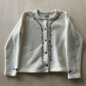 L.L. Bean Cardigan Sweater Womens Large White Crew Neck Fleece Floral Button